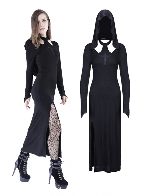 Black Hollow Cross Long Knitted Hooded Tight Gothic Dress