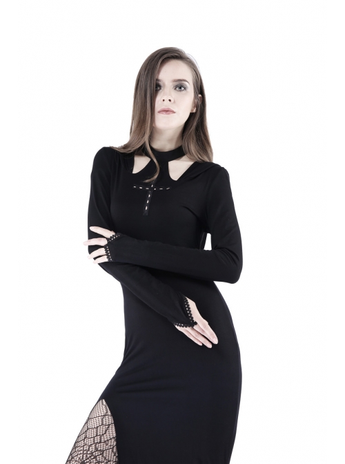 Black Hollow Cross Long Knitted Hooded Tight Gothic Dress