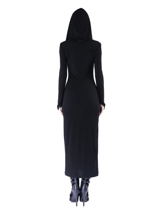 Black Hollow Cross Long Knitted Hooded Tight Gothic Dress
