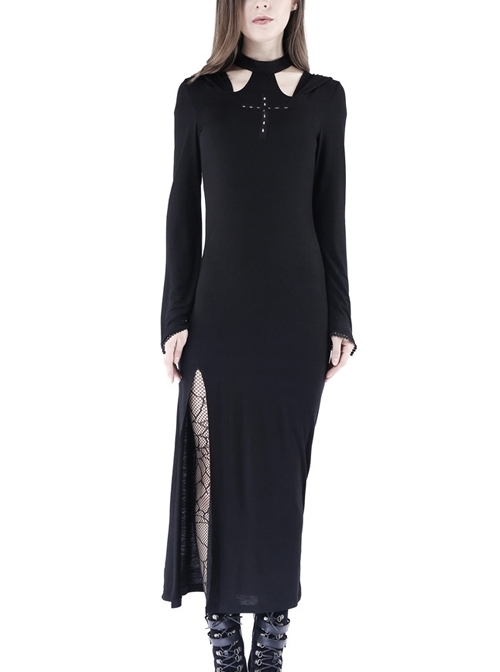 Black Hollow Cross Long Knitted Hooded Tight Gothic Dress