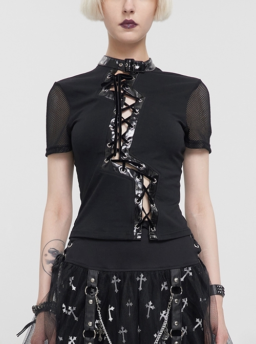 Black Irregular Drawstring Bright Leather Neckline Mesh Cuffs Punk Short Sleeve T-Shirt