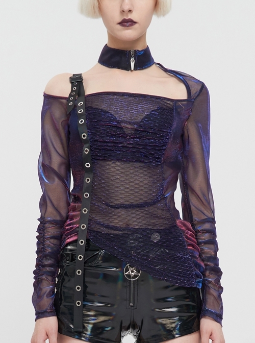 Color Changing Mesh Neck Zipper Adjustable Shoulder Straps Asymmetric Punk Long-Sleeve T-Shirt