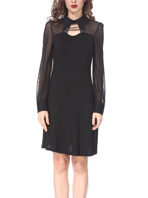 Black Bandage Neck Long Sleeves Collect Waisted Punk Dress