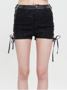 Black Twill Woven Fabric Adjustable Grommets On Both Sides Side Straps Hollow Out Punk Shorts