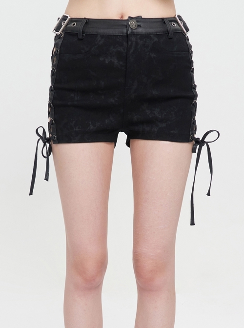 Black Twill Woven Fabric Adjustable Grommets On Both Sides Side Straps Hollow Out Punk Shorts