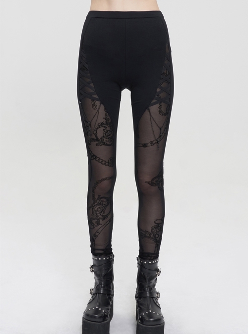 Black Knitted Fabric Splicing Printing Mesh Detachable Cross Chain Punk Leggings