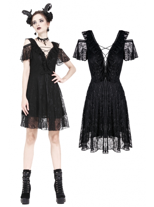 Black Off-Shoulder Bandage V-Neck Lace Gothic Dress