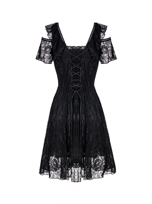 Black Off-Shoulder Bandage V-Neck Lace Gothic Dress