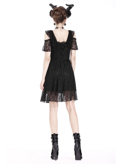 Black Off-Shoulder Bandage V-Neck Lace Gothic Dress