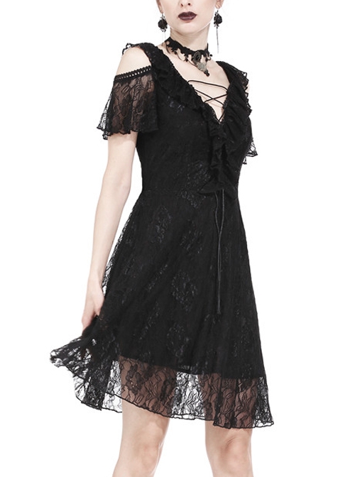 Black Off-Shoulder Bandage V-Neck Lace Gothic Dress