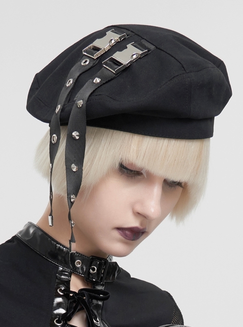 Black Snap Metal Buttonhole Webbing Punk Berets