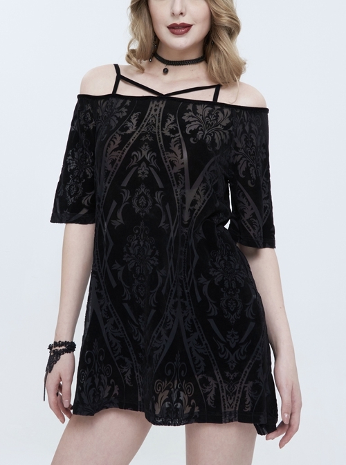 Black Print Off The Shoulder Short Front Long Back Side Slit Punk Dress