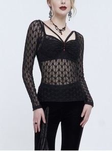 Black Lace Mesh Front Red Diamond Lace Sexy Transparent Long Sleeve Punk T-Shirt