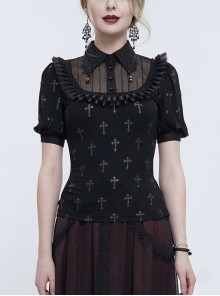 Black Cross Print Chest Paneled Chiffon With Lace Collar Appliqué Lace Strap Pendant Punk Shirt