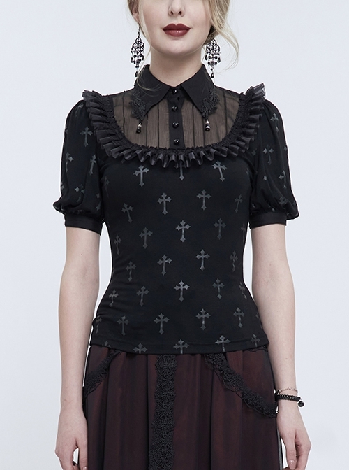 Black Cross Print Chest Paneled Chiffon With Lace Collar Appliqué Lace Strap Pendant Punk Shirt