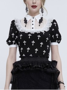 Black Knit Printed White Cross Chest Paneled Chiffon With Lace Collar Appliqué Lace Strap Pendant Punk Shirt