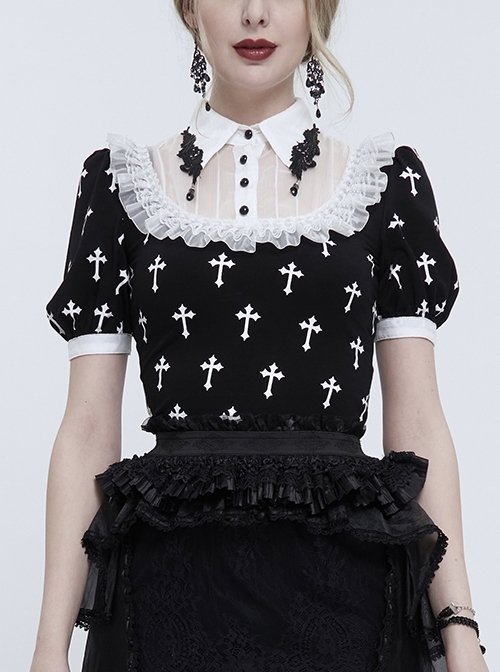 Black Knit Printed White Cross Chest Paneled Chiffon With Lace Collar Appliqué Lace Strap Pendant Punk Shirt