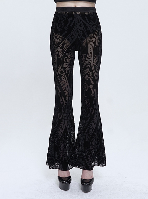 Black Flocked Printed Fabric Elastic Jacquard Elastic At Waist Sexy Punk Flared Pants