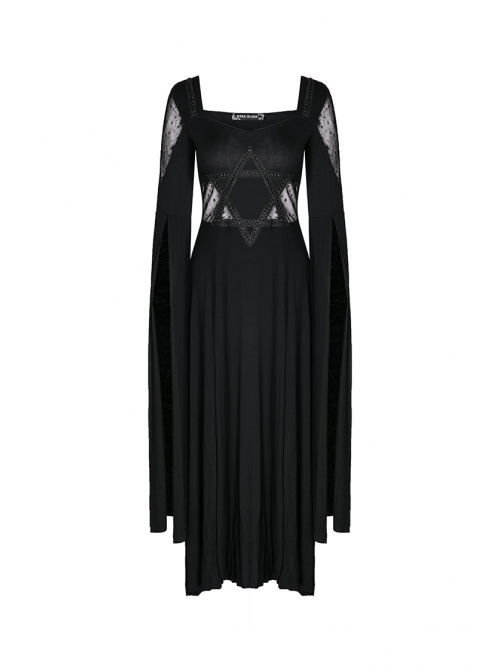 Black Star Hollow Lace Square Collar Long Knitted Gothic Dress