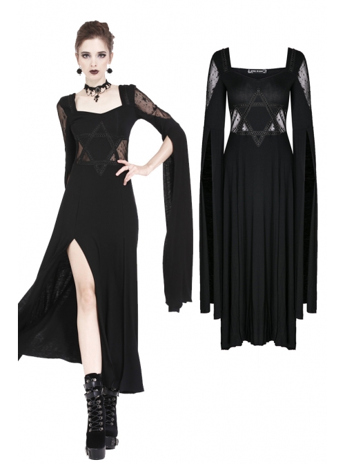 Black Star Hollow Lace Square Collar Long Knitted Gothic Dress