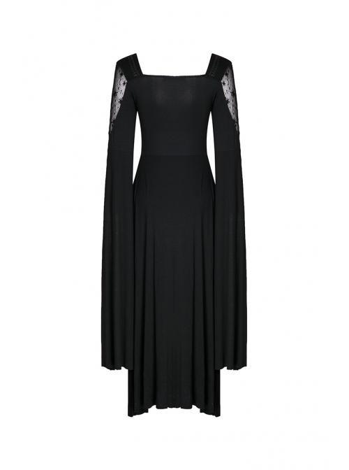 Black Star Hollow Lace Square Collar Long Knitted Gothic Dress