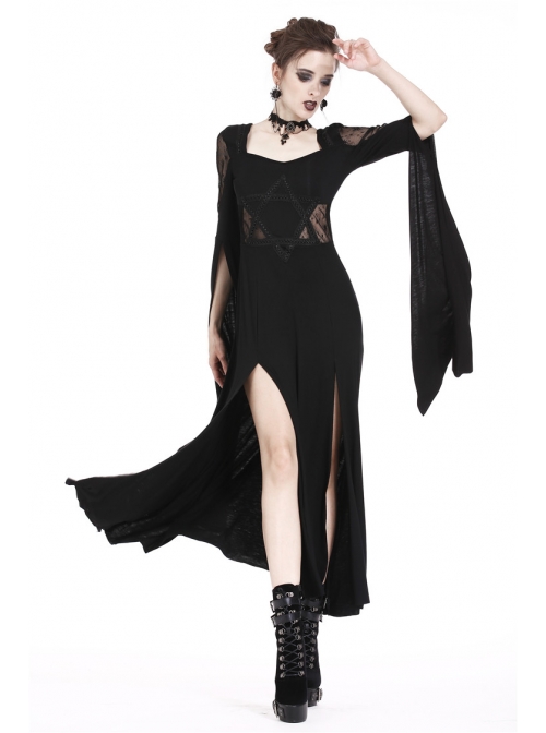 Black Star Hollow Lace Square Collar Long Knitted Gothic Dress