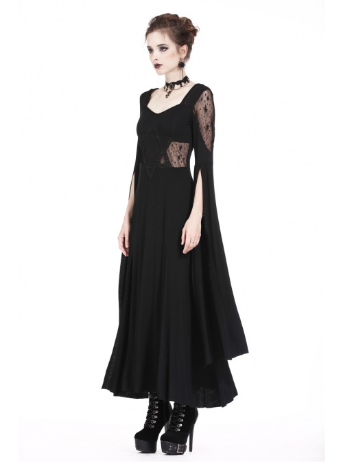 Black Star Hollow Lace Square Collar Long Knitted Gothic Dress