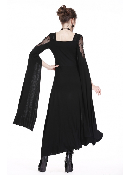 Black Star Hollow Lace Square Collar Long Knitted Gothic Dress