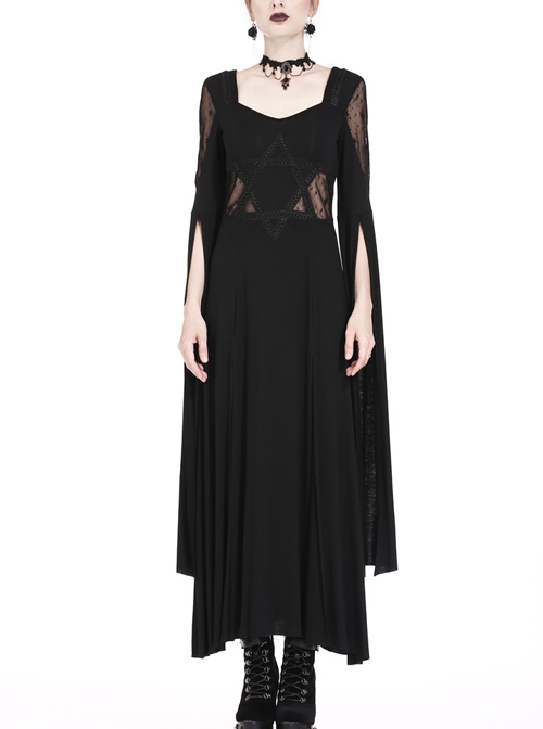 Black Star Hollow Lace Square Collar Long Knitted Gothic Dress