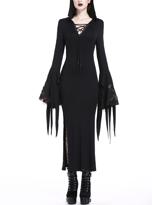 Black Bandage V-Neck Witch Sleeves Slit Hem Long Hooded Holloween Gothic Dress