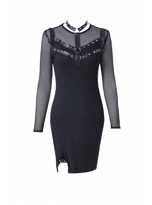 Black Mesh Rivet Slit Tight Midi Punk Dress