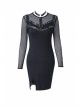 Black Mesh Rivet Slit Tight Midi Punk Dress