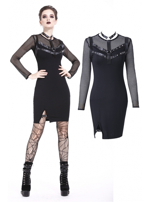 Black Mesh Rivet Slit Tight Midi Punk Dress
