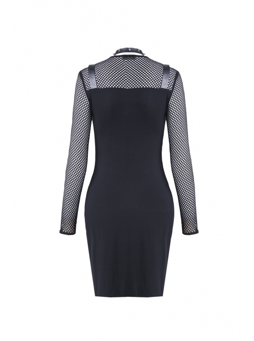 Black Mesh Rivet Slit Tight Midi Punk Dress