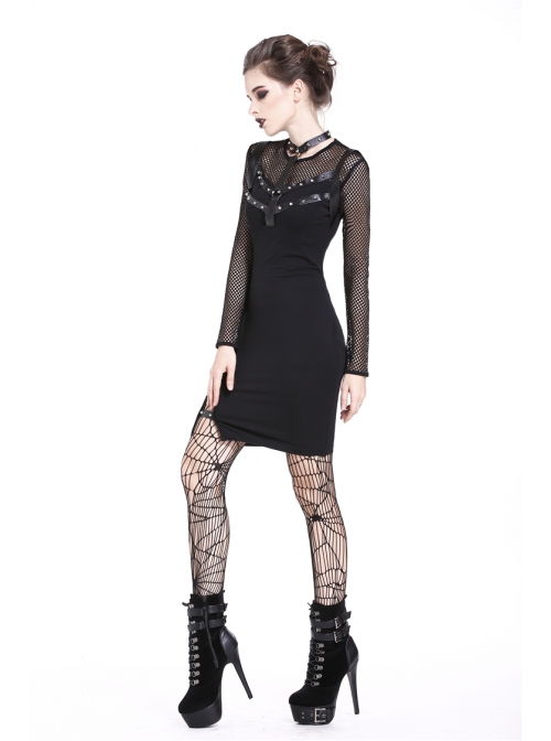 Black Mesh Rivet Slit Tight Midi Punk Dress