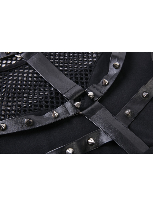 Black Mesh Rivet Slit Tight Midi Punk Dress