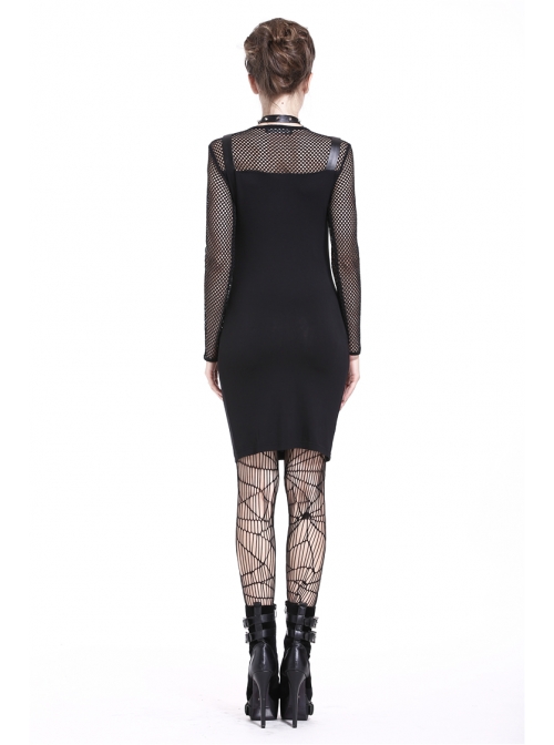 Black Mesh Rivet Slit Tight Midi Punk Dress