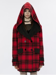 Red And Black Plaid Contrast Cuffs And Slip Pockets Large Lapel Hood Preppy Style Two Wear Punk Coat