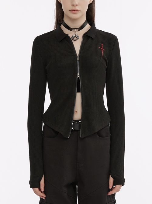 Black Small Lapel Left Chest Cross Sword Embroidery Double Metal Zipper Pointed Hem Knitted Slim Punk Jacket