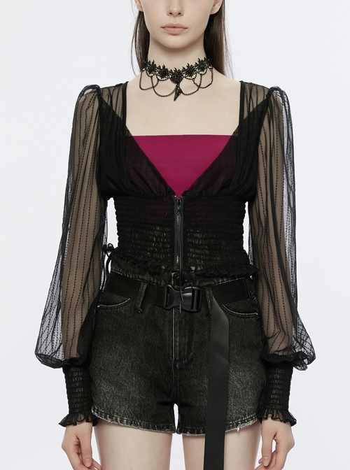 Black Big V Neck Front Zipper See-Through Sleeves Stripes Waist Thin Punk Coat