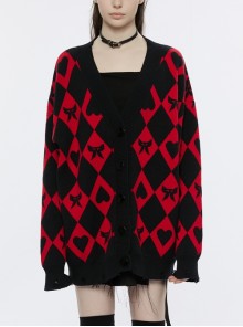 Black Red V-Neck Cardigan Rhombus Pattern Frayed Cuffs And Hem Loose Knitted Punk Coat