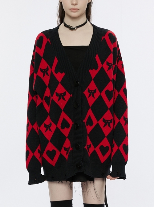 Black Red V-Neck Cardigan Rhombus Pattern Frayed Cuffs And Hem Loose Knitted Punk Coat