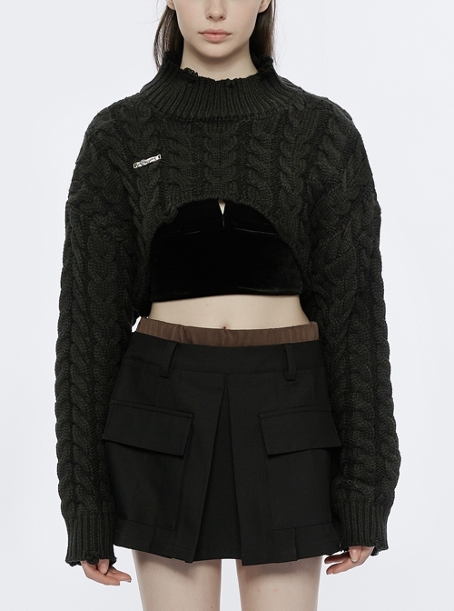 Black Stand Collar Twist Pattern Short Hollowing Loose Punk Pullover Sweater