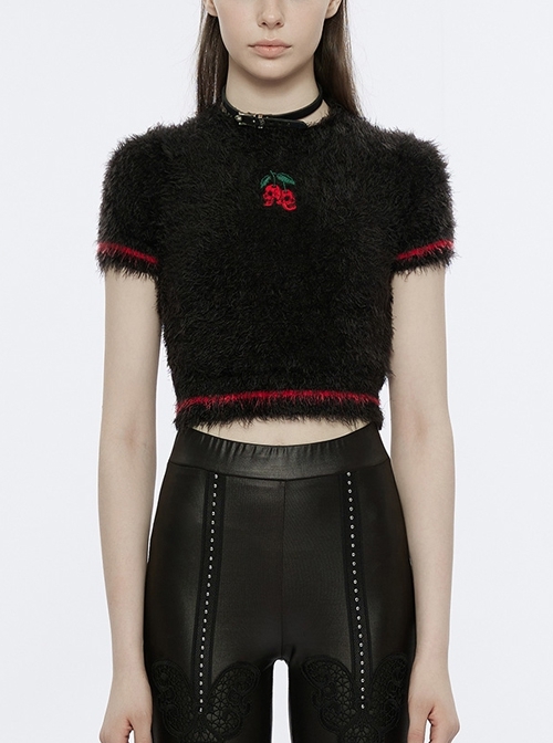 Black Crew Neck Skull Embroidery Faux Mink Wool Fabric Cropped Slim Punk Sweater