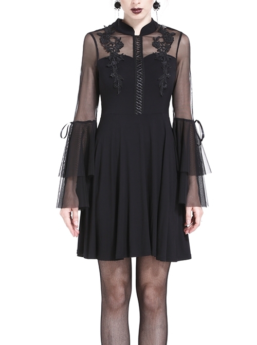 Black Stand-Up Collar Muslin Embroidery High Waisted Gothic Dress