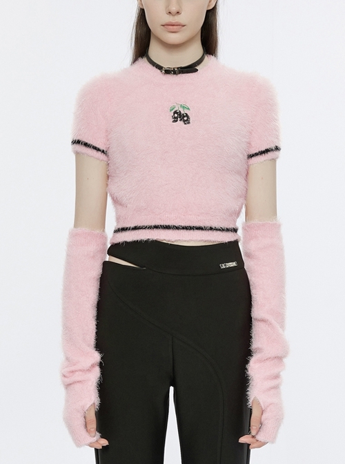 Pink Crew Neck Skull Embroidery Faux Mink Wool Fabric Cropped Slim Punk Sweater