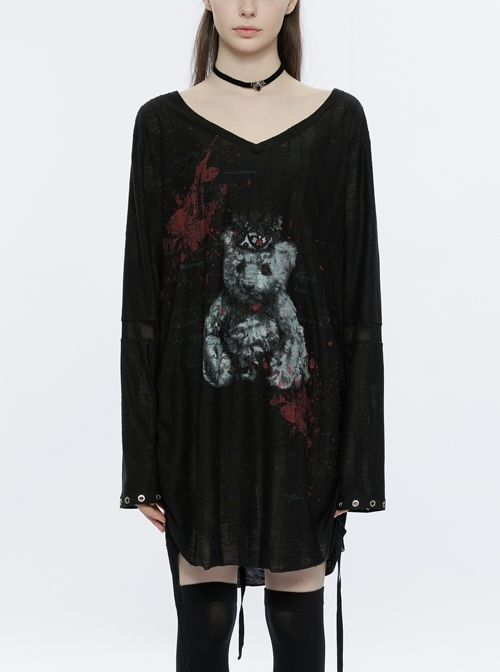 Black Wide V Neck Big Bear Print On Chest Cuff Stitching Distressed Loose Punk Long Sleeve T-Shirt