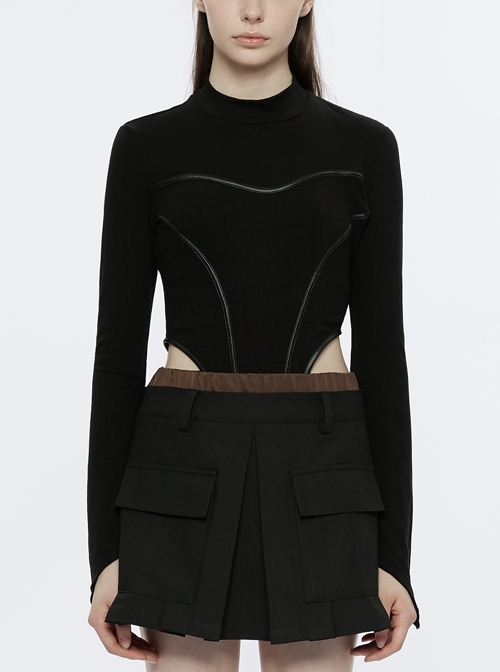 Black Crew Neck Imitation Leather Dividing Line Pointed Sleeve Knitted Punk Bodysuit