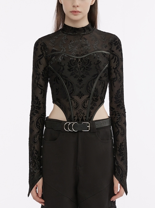 Black Texture Crew Neck Imitation Leather Dividing Line Pointed Sleeve Knitted Punk Bodysuit
