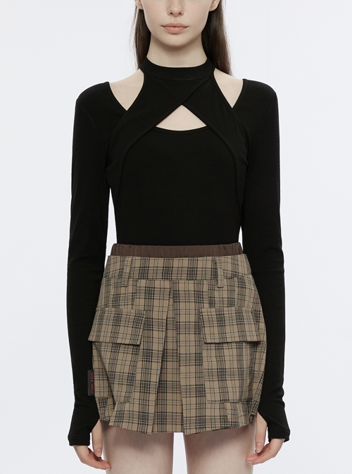 Black Neck Cutout Long Sleeve With Finger Holes Punk Skinny Fit Knitted T-Shirt